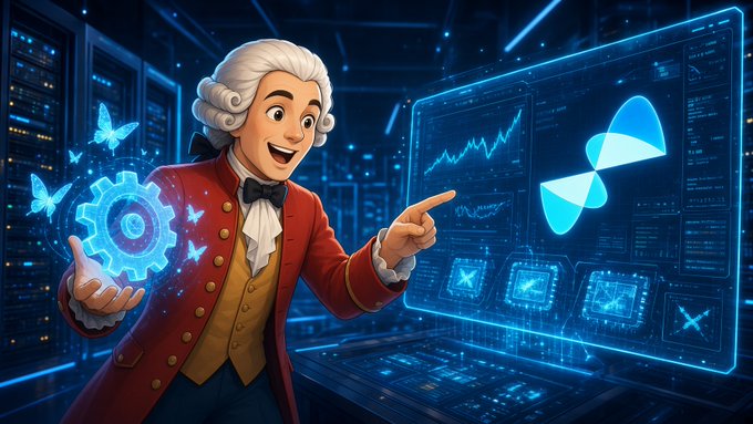 A cartoon character in 18th-century attire (white wig, red coat) smiles and points toward a glowing blue holographic screen displaying data charts and a propeller-like symbol.