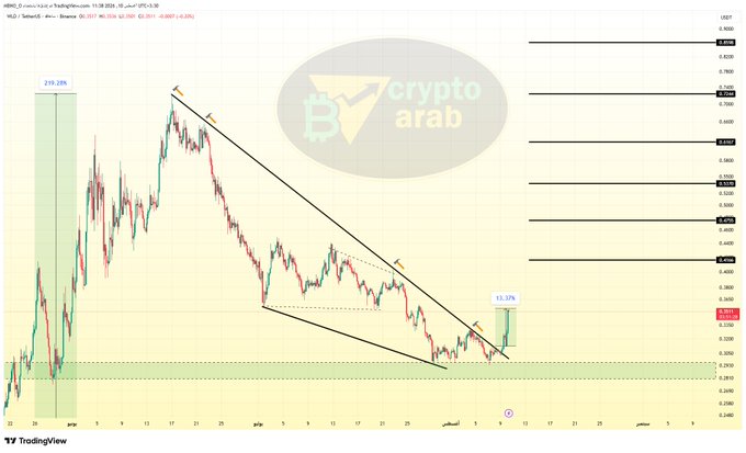 The image shows a TradingView chart of the HBAR/USDT pair on Binance, displaying a falling wedge pattern with a highlighted recent 13.12% price surge and an earlier 219.28% rally, annotated with "crypto arab" watermark to illustrate the predicted pullback followed by the rise mentioned in the post about $WLD's +13% gain.