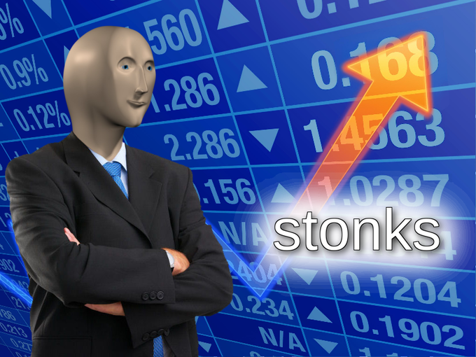 A faceless "Meme Man" figure in a black suit stands confidently with arms crossed in front of a stock ticker board, while a glowing orange upward arrow and the text "stonks" emphasize a bullish market reference, reviving the classic internet meme as suggested by the post about bringing it back.