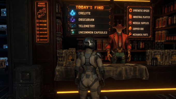 A scene from a video game showing a character in gray armor standing at a vendor's counter, with menus displaying 'TODAY'S FIND' including items like 'CRELYTE' and 'OBSCURIAN,' alongside 'SYNTHETIC SPICES' and 'MECHANICAL PARTS'.