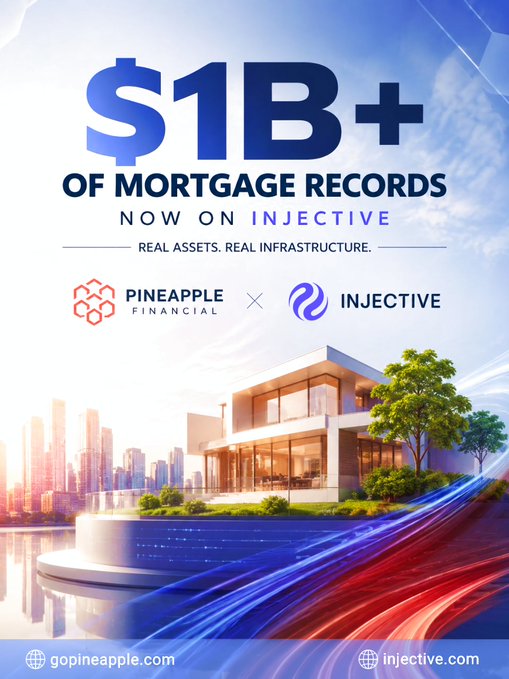 An advertisement reading '$1B+ OF MORTGAGE RECORDS NOW ON INJECTIVE' featuring a modern house illustration and logos for Pineapple Financial and Injective.