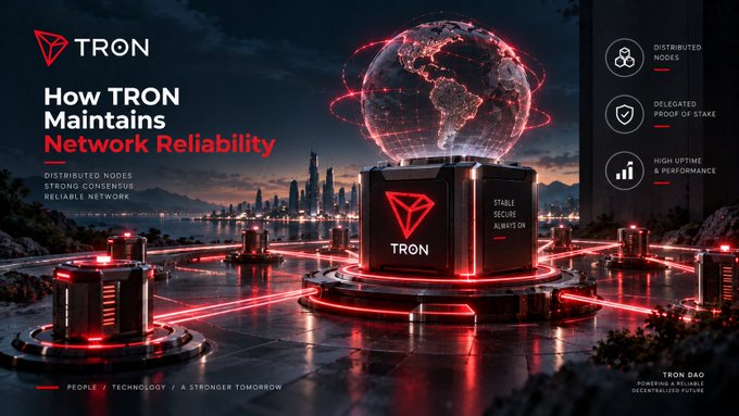 A promotional graphic for TRON titled 'How TRON Maintains Network Reliability,' featuring a glowing red globe atop a central node connected to surrounding stations, with stats including 'Distributed Nodes' and 'Delegated Proof of Stake.'