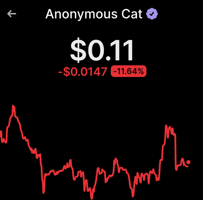 A mobile trading app screenshot shows the "Anonymous Cat" token ($ZCAT) trading at $0.11, down $0.0147 (-11.64%) over the displayed period, with a volatile red price chart trending sharply downward before a brief recovery. The image highlights the speculative, high-risk nature of the meme coin investment referenced in the caption about adding another $50,000 to the asset.