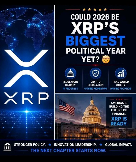 The image features a poster with an XRP logo at its center, surrounded by various elements related to the cryptocurrency market. The poster includes text that reads "could 2026 be XRP's biggest political year yet?" This suggests that there might be some speculation or uncertainty surrounding the potential impact of XRP on the political landscape in the coming years. Additionally, the image shows a building with an American flag and a banner promoting innovation leadership, which could be related to XRP's goals for global influence and technological advancements within the crypto industry.

The poster also includes text about "Focus on what is in the image and how it relates to the post". This indicates that the content of the poster might be connected to a specific post or discussion about XRP, its potential impact on the political year, or the broader cryptocurrency market.