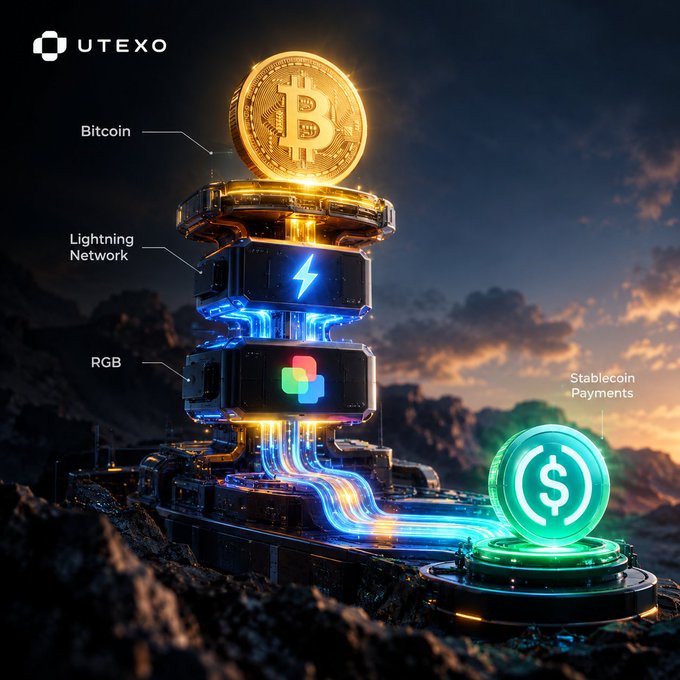 A futuristic 3D rendering of a crypto tower branded 'UTEXO' displaying interconnected modules for Bitcoin, Lightning Network, RGB, and Stablecoin Payments.