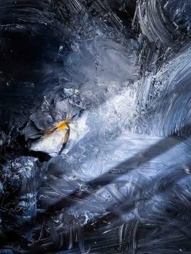 An abstract artwork with swirling blue and white textures resembling water or glass, with a small splash of orange and yellow in the center.
