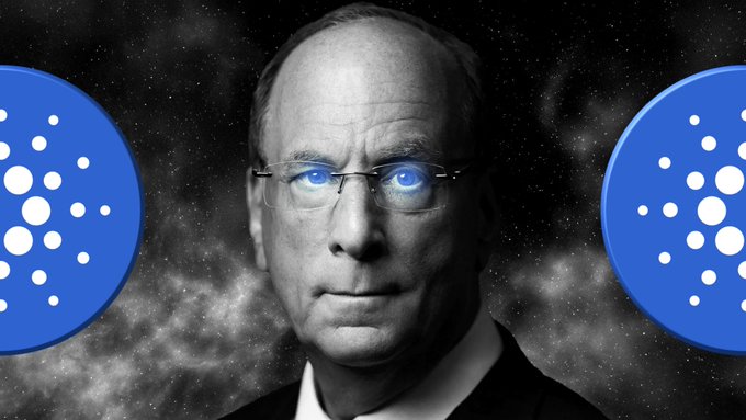 A dramatic black and white portrait of a man wearing glasses, flanked by two blue Cardano (ADA) cryptocurrency logos against a starry space background.