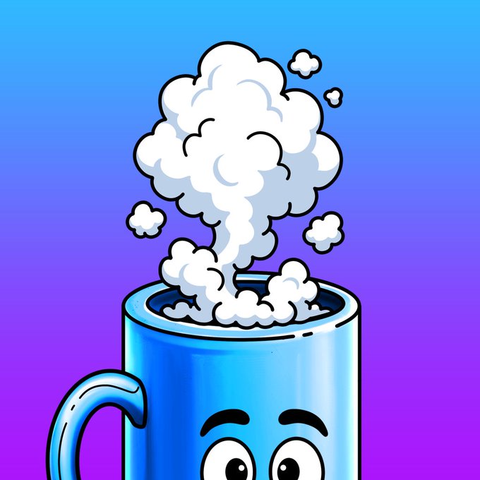 A cartoon illustration of a blue mug with a smiling face, overflowing with white smoke or foam against a blue-to-purple gradient background.