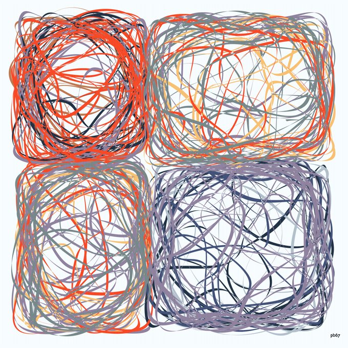 An abstract artwork composed of four square panels filled with chaotic, overlapping scribbled lines in orange, purple, gray, and black, signed 'pb67'.