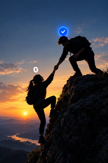 A silhouette image of one hiker helping another up a rocky cliff at sunset, with a blue verified checkmark icon over the top hiker's head.