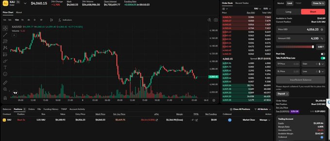 A cryptocurrency trading interface showing a candlestick chart for XAU/USD (Gold) with the current price at 4,060.15, alongside an order book and trading panel.