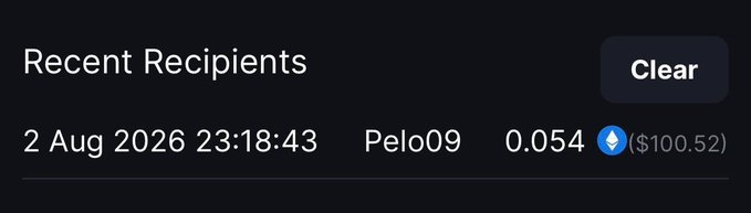 The image displays a "Recent Recipients" section showing a transaction dated 2 Aug 2026 at 23:18:43, where the user "Pelo09" received a $100.52 ETH tip (0.054 ETH) marked with a MetaWin logo. This visually confirms the post's announcement of loading $100 onto the recipient's MetaWin account, ready for them to wager.