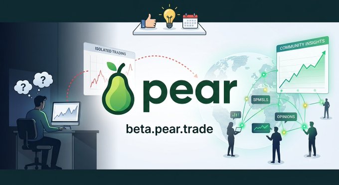 Promotional banner for Pear (beta.pear.trade) showing the contrast between isolated trading and community insights, SPX15, and opinions connected globally.