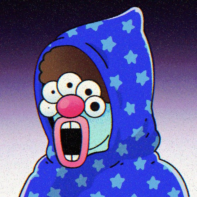A surreal cartoon image of a character wearing a blue hood adorned with stars, featuring an exaggerated face with multiple eyes and a wide-open mouth, set against a dark, starry background.