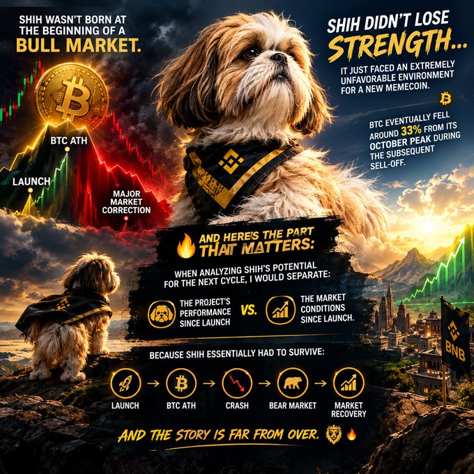 A promotional infographic featuring a Shih Tzu dog with Binance branding, explaining that the project's strength came from surviving a major market correction following BTC's peak.