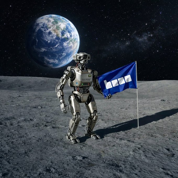 A humanoid robot stands on the lunar surface planting a blue flag marked with the Base logo, with planet Earth visible in the background — symbolizing the AI project's bold ambition to "plant its flag" as an underrated contender on the Base ecosystem.