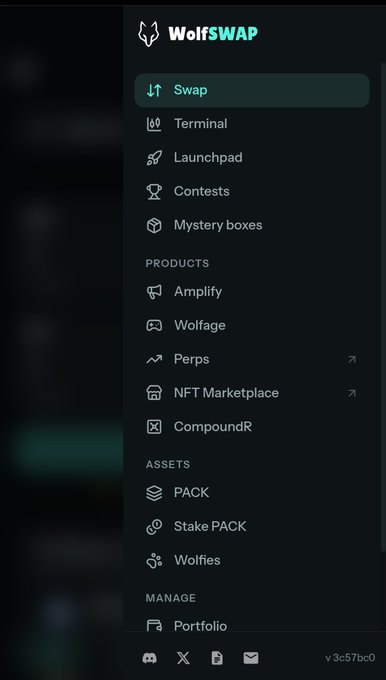 Screenshot of the WolfSwap app's navigation menu showing the "Swap" tab selected, displaying organized product categories including Terminal, Launchpad, Contests, Mystery boxes, Amplify, Wolfage, Perps, NFT Marketplace, CompoundR, PACK, Stake PACK, Wolfies, and Portfolio under a unified interface at v.3c57bc0.