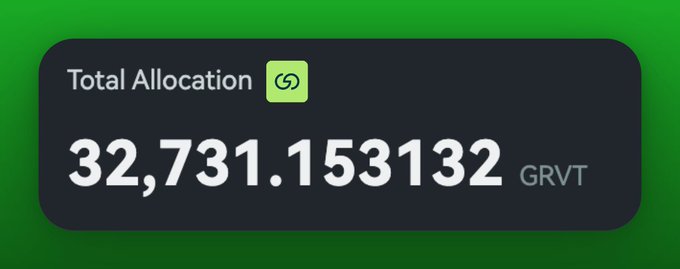 The image displays a "Total Allocation" of 32,731.153132 GRVT tokens, which aligns with the user's post about their airdrop and current token holding.