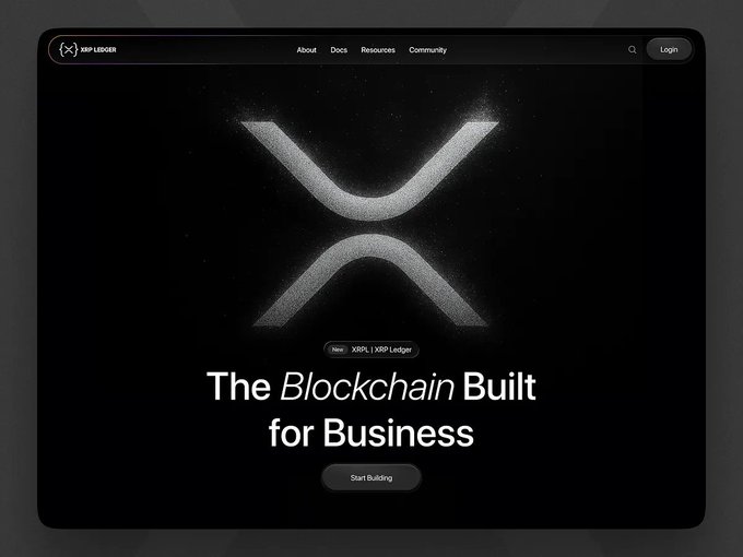 A dark-themed website homepage for XRP Ledger featuring a large stylized "X" logo made of light particles, with the tagline "The Blockchain Built for Business" and a "Start Building" button.