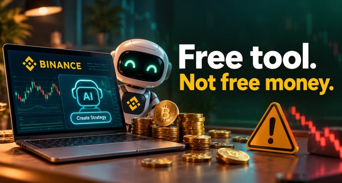 The image shows a Binance-branded AI trading interface on a laptop with a friendly robot mascot, surrounded by gold coins, Bitcoin tokens, and a warning sign, alongside bold text reading "Free tool. Not free money." This visually reinforces the post's cautious message about Binance's new free AI trading tool—while the cheerful branding suggests accessibility, the caution symbol and stacks of coins highlight the financial risk behind the "250K credits" offer running on DeepSeek, where Binance's checks are limited.