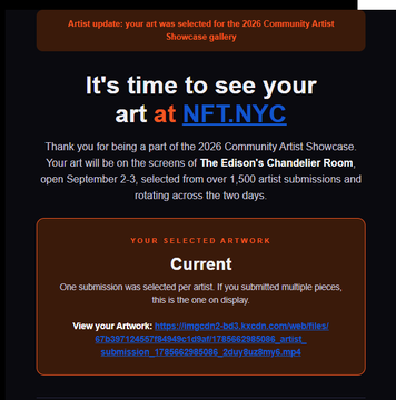 A notification reads 'It's time to see your art at NFT.NYC', confirming selection for the 2026 Community Artist Showcase with artwork titled 'Current'.