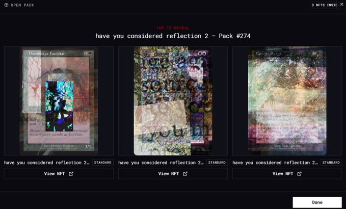 An NFT pack opening screen showing three cards from 'have you considered reflection 2 – Pack #274' with the prompt to 'TAP TO REVEAL'.