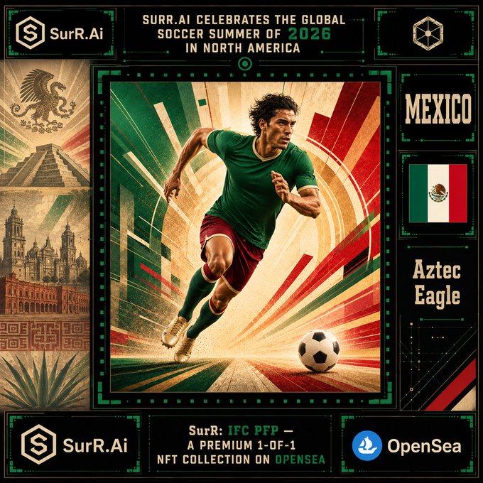 A promotional graphic for SurR.Ai celebrating the global soccer summer of 2026 in North America, featuring a Mexican soccer player and the Mexican flag with 'Aztec Eagle' text, promoted as an NFT collection on OpenSea.