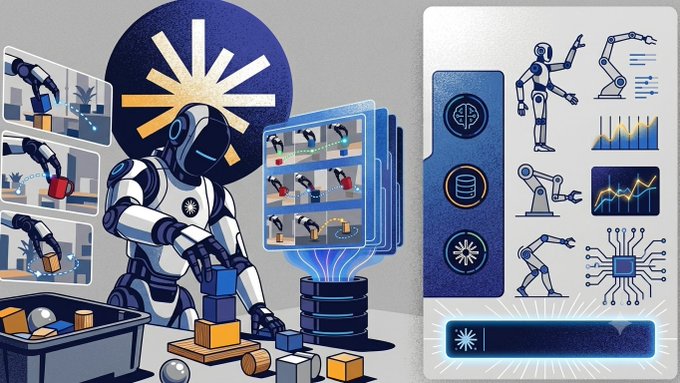 A futuristic humanoid robot with glowing blue accents interacts with holographic screens displaying various robotic arm icons, charts, graphs, and a microchip, set against a dark starry background featuring a stylized sunburst logo, while a gray sidebar on the right shows navigation icons, data visualizations, and stylized robot and circuit illustrations—visually representing the robotics and AI focus of Axis Robotics' August Wrapped update highlighting its impressive milestones of 4.7M valid trajectories, 200K+ registered users, 160K+ dataset downloads, and top-3 ranking among DApps on Base.