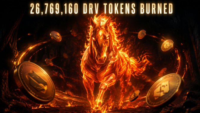 A fiery image of a horse composed entirely of flames charging forward, surrounded by gold coins, with bold text reading '26,769,160 DRV TOKENS BURNED' at the top.