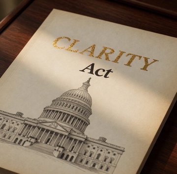 A document titled 'CLARITY Act' resting on a wooden surface, featuring an illustration of the U.S. Capitol building.