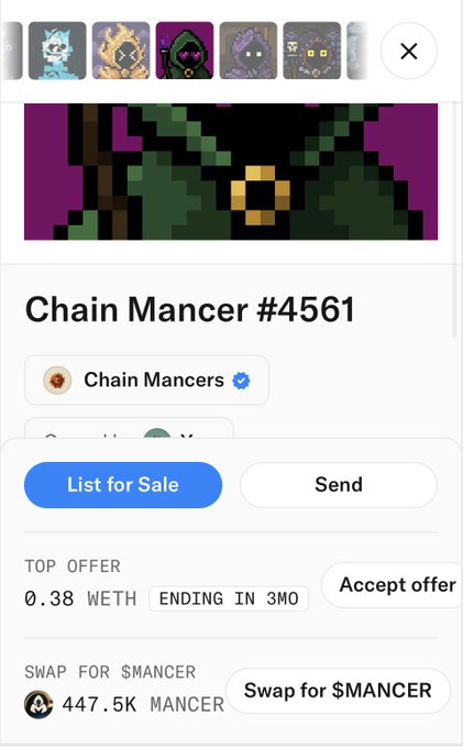 A Closeup of a Chain Mancer #4561 NFT listing on OpenSea, showing a top offer of 0.38 WETH and a swap option to exchange the NFT for 447.5K $MANCER tokens, illustrating the new direct swap feature announced between $MANCER and OpenSea.