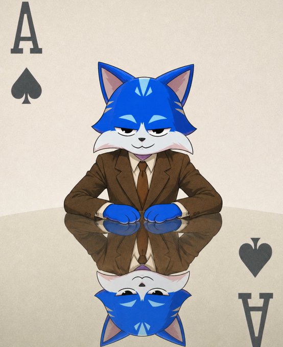 Illustration of a blue cartoon fox character (popularly known as Toshi or a similar mascot) wearing a brown suit, positioned on the Ace of Spades playing card with a reflective surface below.