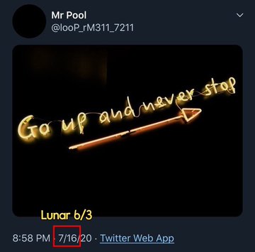 A tweet from Mr Pool (@looP_rM311_7211) dated 7/16/20 displays a glowing neon-style sign reading "Go up and never stop" with an upward arrow, captioned "Lunar 6/3." The image visually reinforces the post's bullish prediction about XRP's price trajectory, aligning with the date notation of "7/16 (solar)" mentioned in the accompanying text.