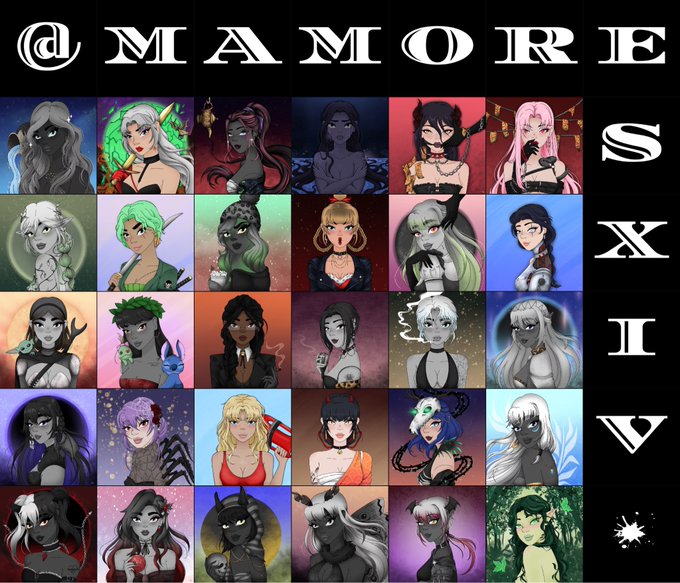 A grid of anime-style female character portraits under the title '@MAMORE SXIV', possibly an NFT collection.