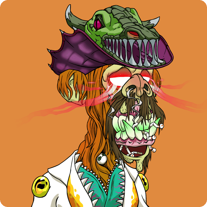 A stylized cartoon illustration featuring an orange-haired character with a green snake-like creature on their head and a wide, toothy grin, set against an orange background.