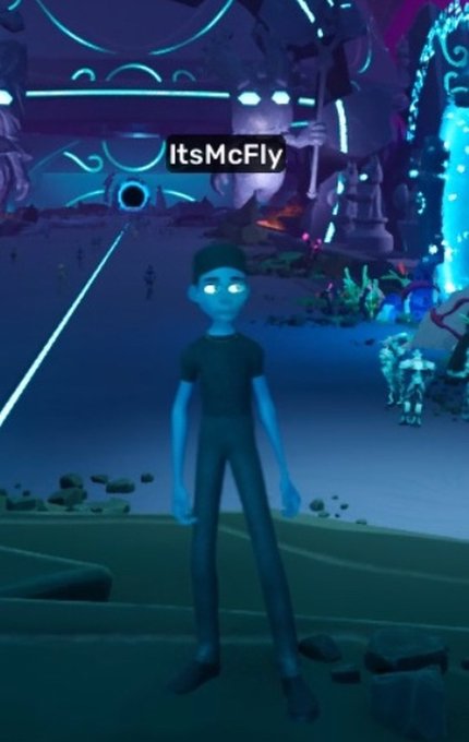 A blue-skinned avatar labeled "ItsMcFly" stands in a futuristic, neon-lit swamp environment, showcasing the custom avatar that will be featured in tomorrow's OthersideMeta stream hosted by zGhostin at 8PM EST from DestefanosSteak.