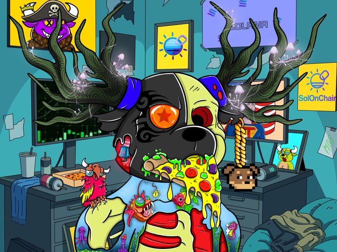 A colorful cartoon illustration of a zombie-like dog character with green twisted antlers, surrounded by posters reading "SOLANA" and "SolOnChain," eating pizza and drooping slime in a room with computers.