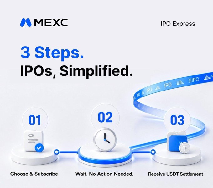 MEXC IPO Express promotional graphic titled '3 Steps. IPOs, Simplified.' outlining a three-step process: 01 Choose & Subscribe, 02 Wait. No Action Needed, 03 Receive USDT Settlement.