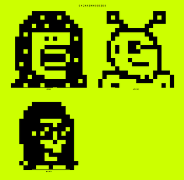 A pixel art design on a yellow-green background featuring three black 8-bit style characters labeled 'DINO', 'MUTO', and 'KING' (which resembles an ape), from @wearedinoheads.