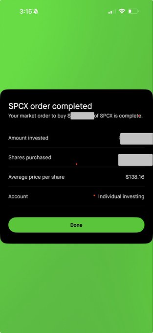 A smartphone screenshot on a green background showing a brokerage app confirmation that reads 'SPCX order completed' with an average price per share of $138.16 in an Individual investing account.