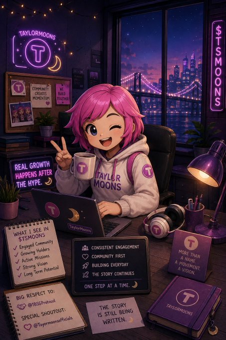 An illustrated graphic featuring a pink-haired anime-style character wearing a 'TAYLOR MOONS' hoodie at a desk, surrounded by notes mentioning 'TSMOONS', 'COMMUNITY CREATES MOMENTUM', 'ENGAGED COMMUNITY', and social media handles.