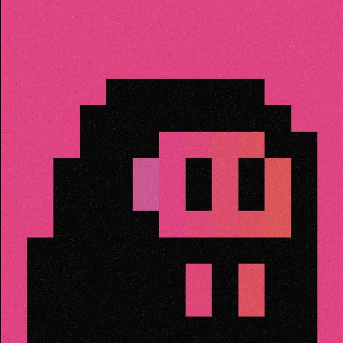 A pixel art character resembling a Dota 2 hero, featuring a dark silhouette with pink and orange geometric facial features and two small rectangular shapes below, set against a solid pink background.