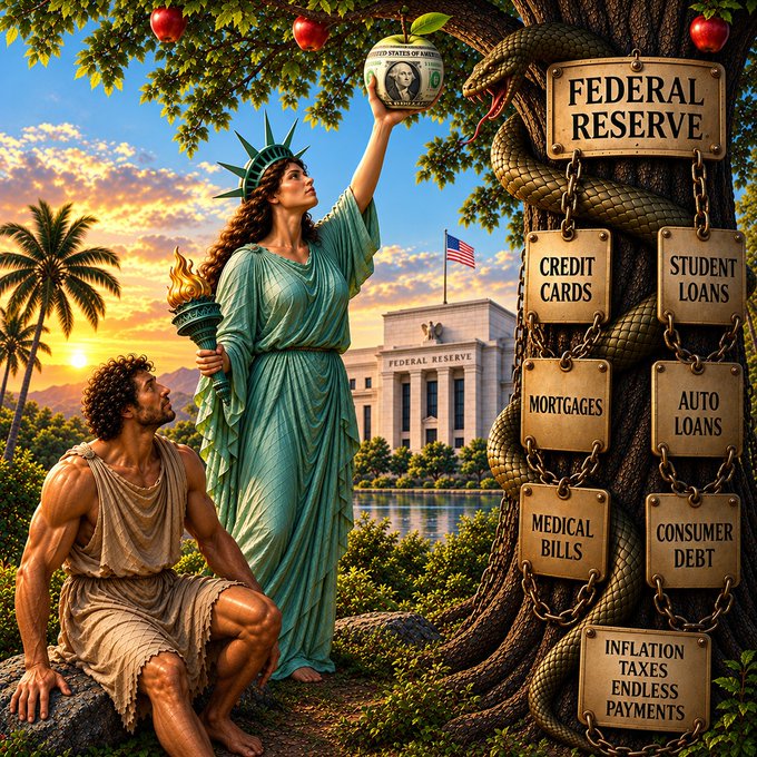 An allegorical digital artwork depicting Lady Liberty offering an apple (with a dollar bill inside) to Adam, while a serpent wrapped around a tree bears plaques with financial burdens: 'FEDERAL RESERVE,' 'CREDIT CARDS,' 'STUDENT LOANS,' 'MORTGAGES,' 'AUTO LOANS,' 'MEDICAL BILLS,' 'CONSUMER DEBT,' and 'INFLATION TAXES ENDLESS PAYMENTS.'