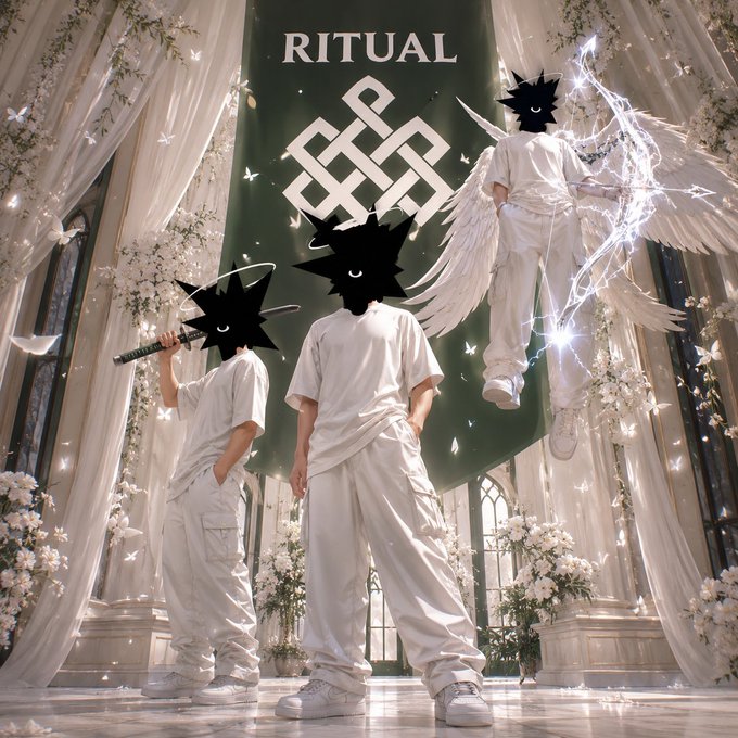 The image features a group of people dressed in white, standing together with their arms crossed. The background includes a banner that says "ritual" and has a celtic knot design. There are also some flowers visible in the scene. The text above the image reads "ready to counter every fud against ritual quote and pass it on Prompt in the quoted post below".