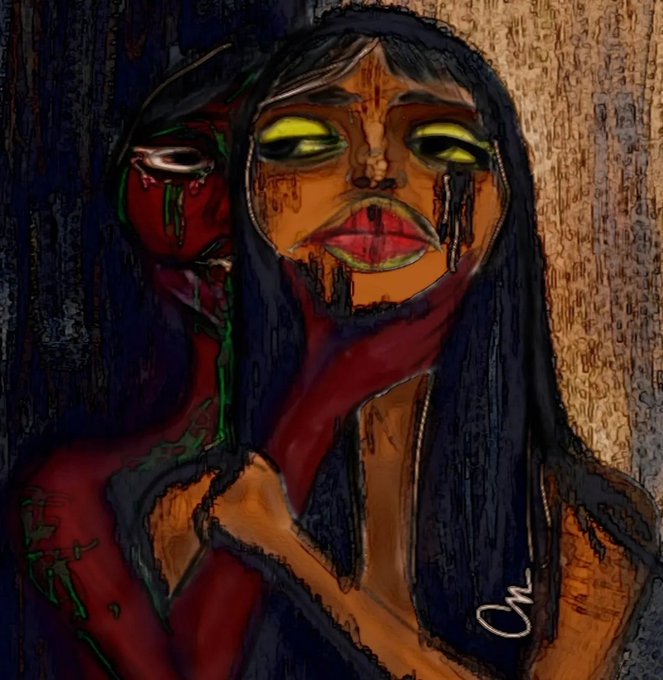 A digital painting of a person with long dark hair and striking features rendered in dark, moody tones of orange, blue, and green.