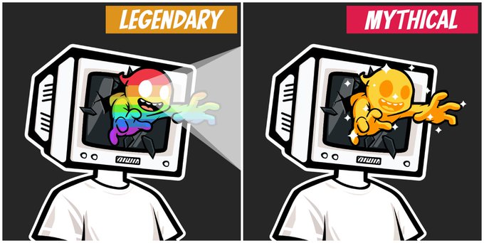 A two-panel illustration comparing 'LEGENDARY' and 'MYTHICAL' rarity items, each showing a creature emerging from an old television/monitor box with a human figure standing below.