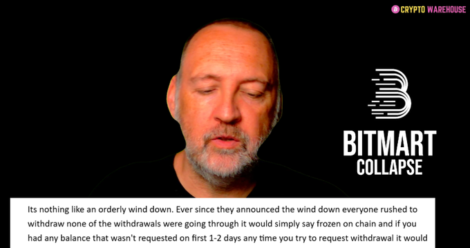 A bald man with a gray beard speaks against a black background, with the "BITMART COLLAPSE" logo displayed beside him and a "CRYPTO WAREHOUSE" watermark in the top right corner. A caption at the bottom discusses how withdrawals have frozen on-chain and become increasingly difficult during BitMart's chaotic wind-down process.