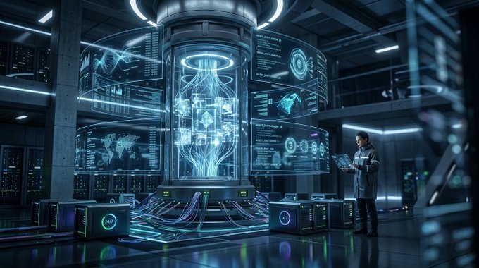 A futuristic sci-fi scene showing a scientist in a lab coat operating advanced technology, with glowing holographic displays, a cylindrical quantum-style chamber, and server racks in a high-tech facility.