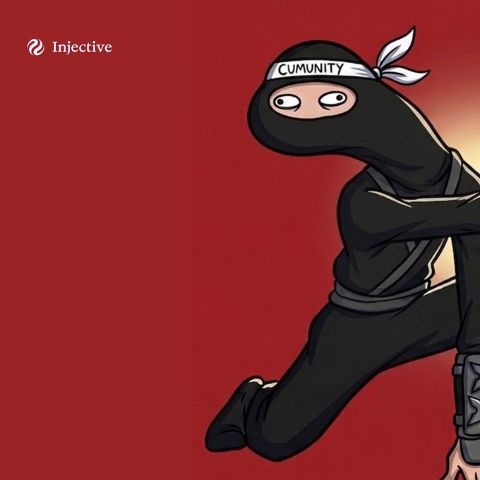 Cartoon illustration of a ninja character wearing a black outfit and a headband reading "CUMUNITY," with the "Injective" logo in the top left corner against a red background.