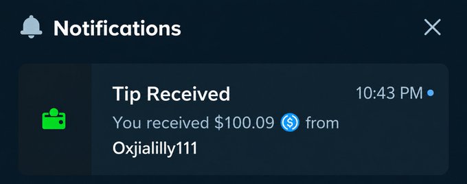 A notification pop-up shows a tip received, "You received $100.09 USDC from Oxjialilly111" at 10:43 PM. This serves as proof of the $100 USDC tip, supporting the post's promise to reward five lucky participants who retweet.